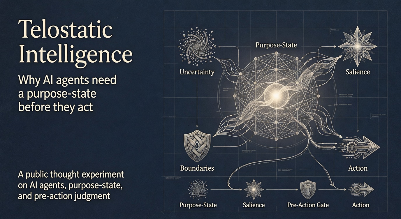 Telostatic Intelligence diagram: purpose-state at the center connected to uncertainty, salience, and boundaries, feeding through a pre-action gate before action.
